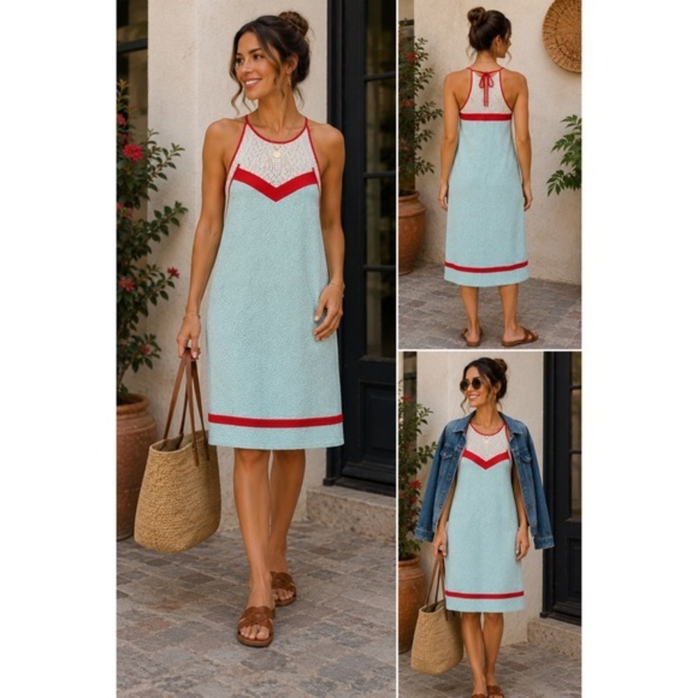 Smash Barcelona Halter Midi Dress M Aqua Red Textured Knit Colorblock Boho